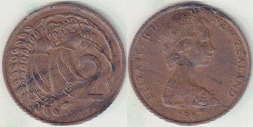 1967 New Zealand 2 Cents (Blank Error) A004564